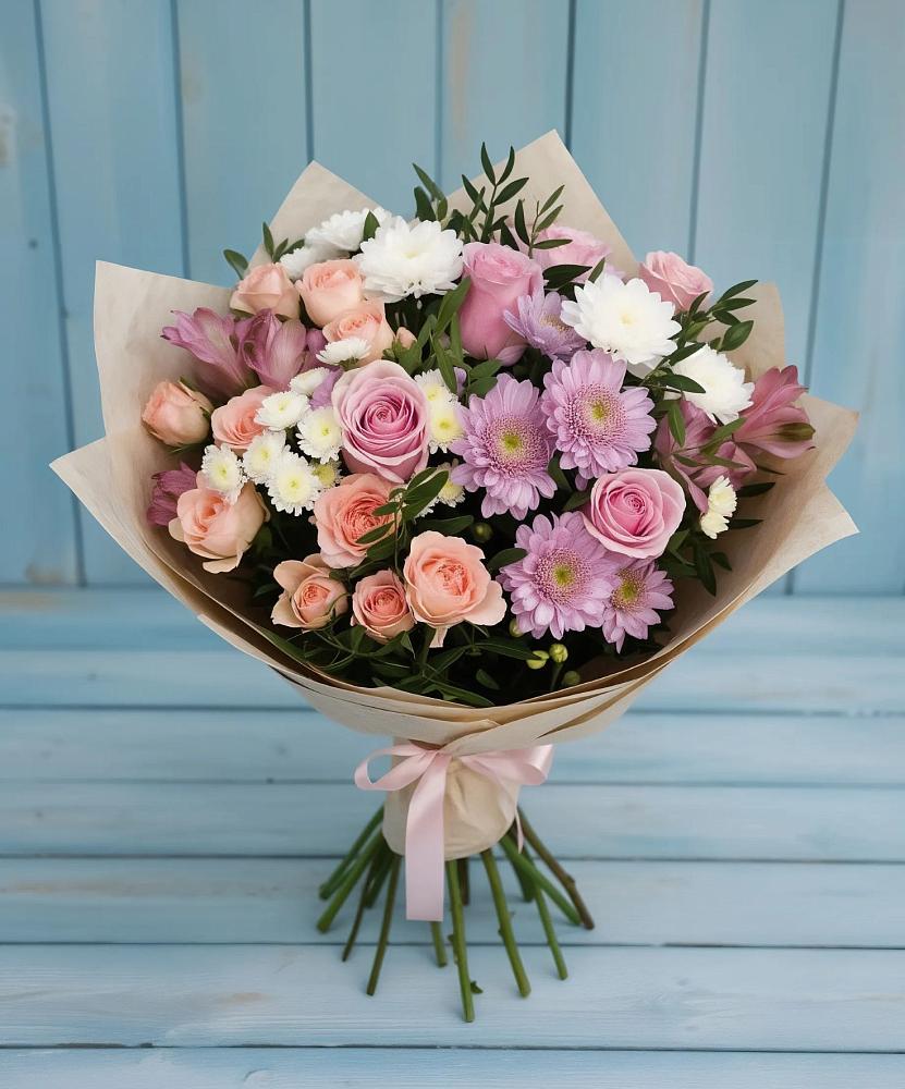 Букет цветов из: Хризантемы, Розы и Альстромерии в Селково