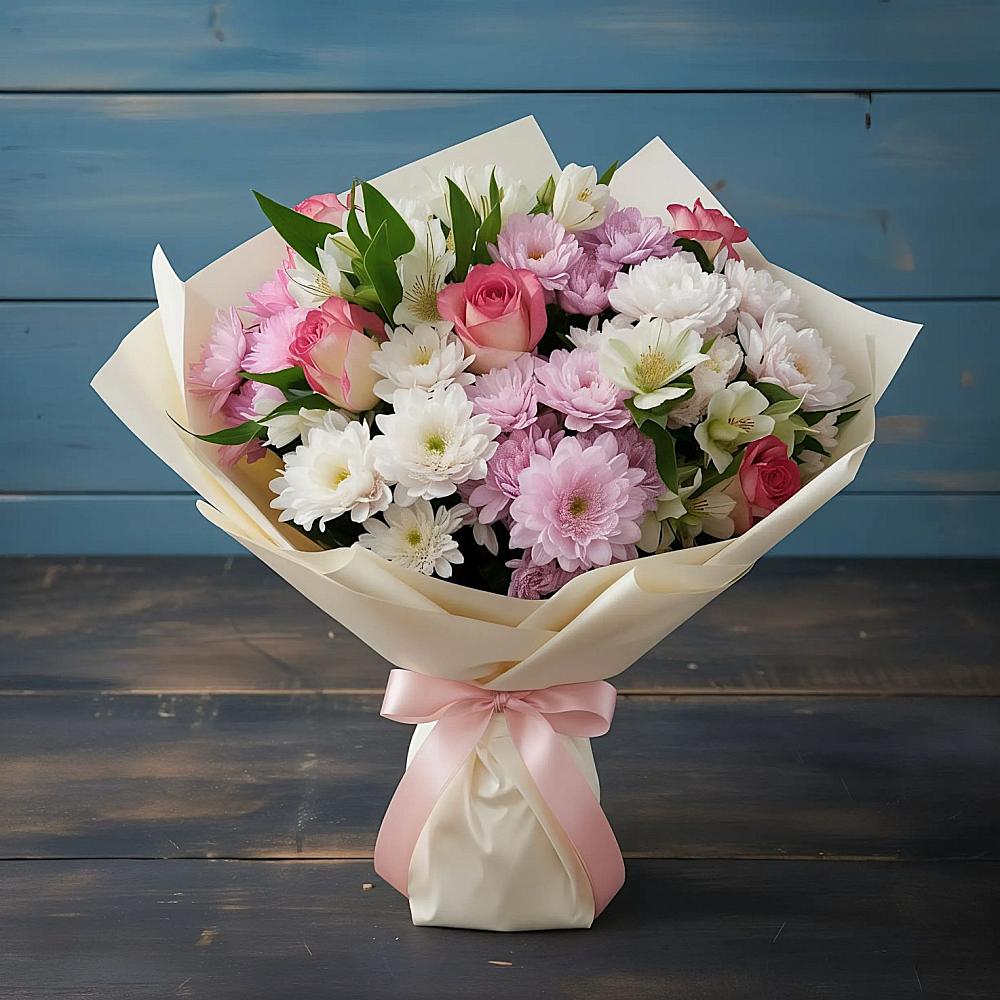 Букет цветов из: Хризантемы, Альстромерии и Розы в Селково